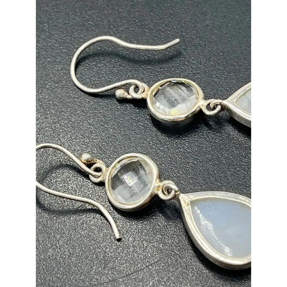 Vintage Sterling Silver 925 Titanium Druzy Clear‎ Rock Quartz Dangle Earrings